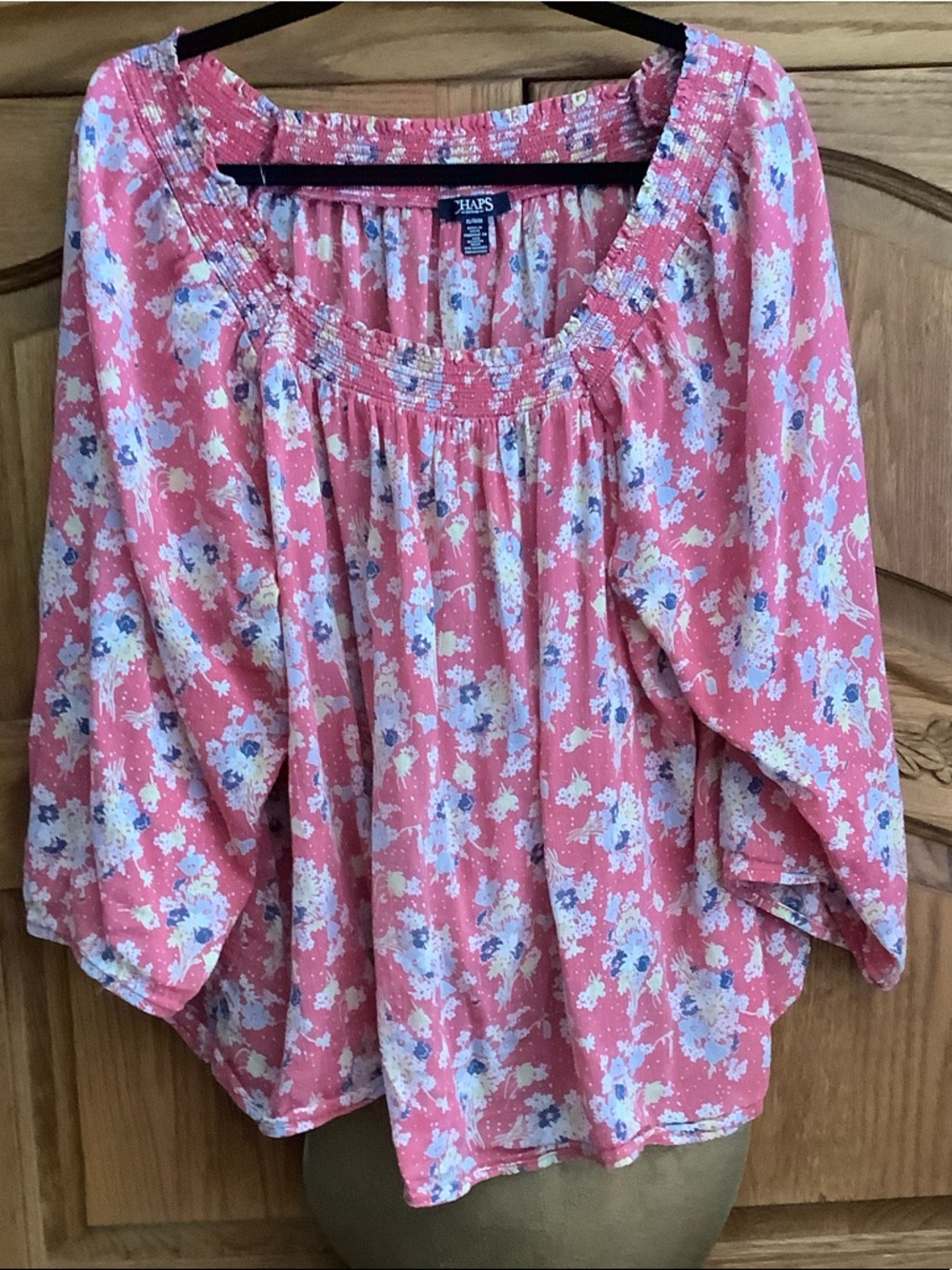 Chaps Coral Floral Smocked Neck Tunic